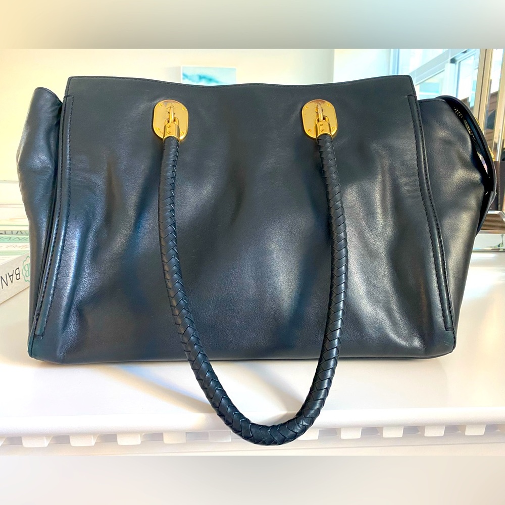 Black leather Cole Haan structured tote bag